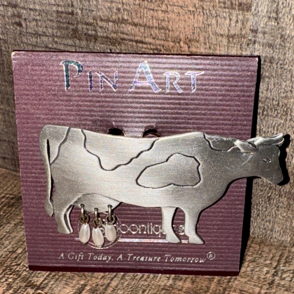 FINE ART Silver Cow Brooch with Dangling Charms